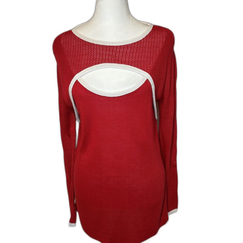 NY Collection Women's Boat Neck Cut-Out Lightweight Knit Sweater Red Womens